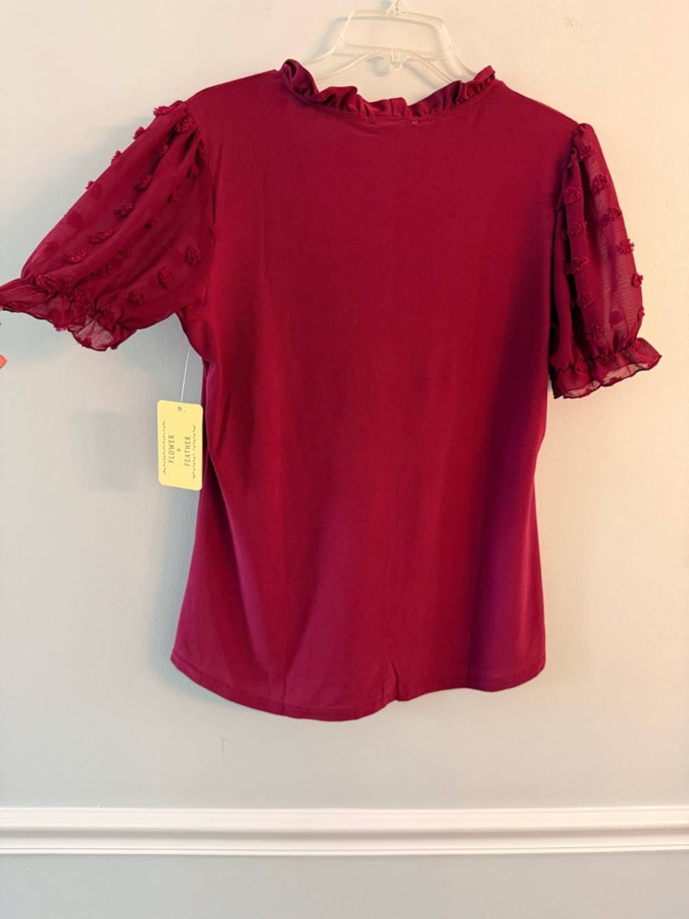 NWT Floral Street Burgundy Ruffle-Trim Short Sleeve Blouse - Picture 5 of 7